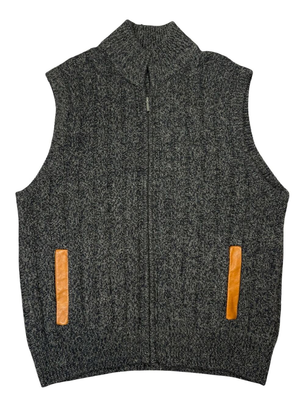 Vtg Orvis Full Zip Wool Leather Sweater Vest Men's L Gray Academia Grandpacore